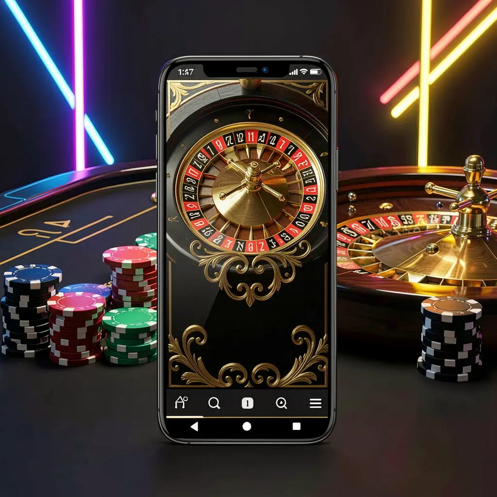 KP111 mobile casino application scene featuring a phone in the center with a roulette wheel and poker chips in the background, illuminated by glowing neon lights in a premium black and gold style