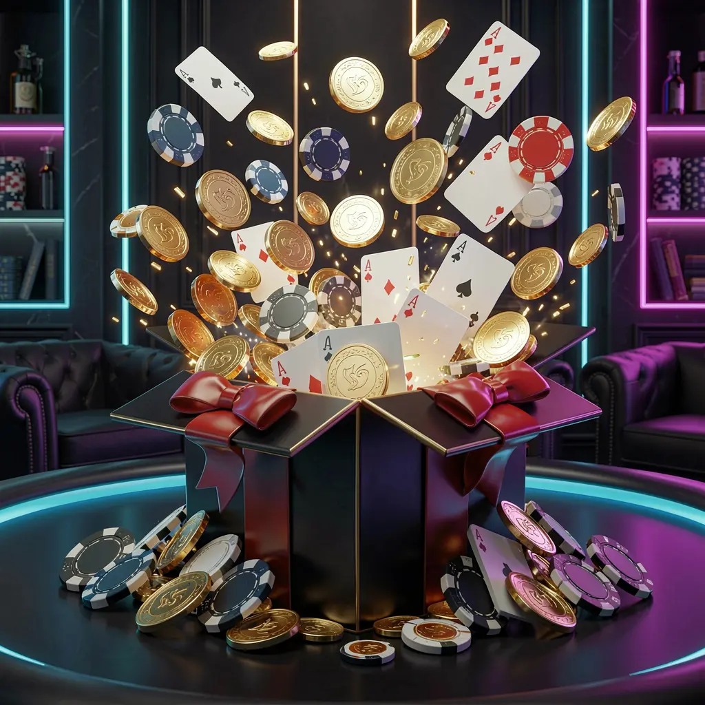 KP111 online casino bonus gift box exploding with golden coins, poker chips, and playing cards on a dark luxury background with glowing neon accents