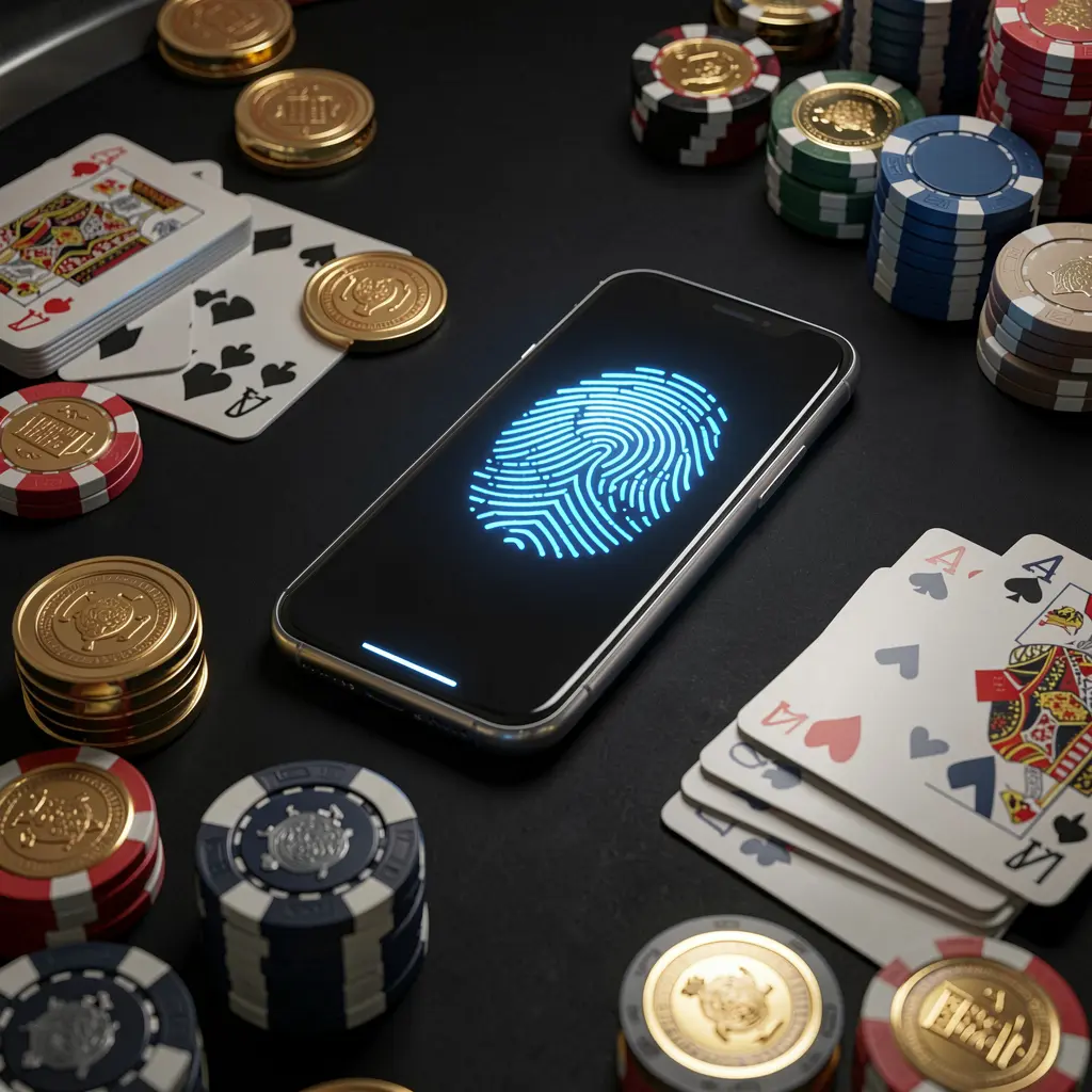 KP111 online casino authentication concept showing a phone with a glowing fingerprint scan on a premium black table surrounded by poker chips, golden coins, and playing cards in a cinematic 3D render