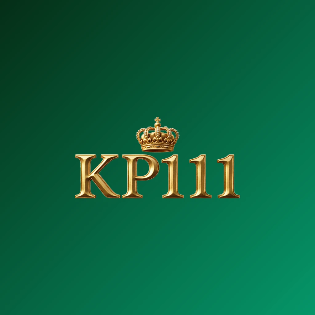 KP111 luxury brand logo with a gold metallic crown above the letters, featuring a royal design and wide horizontal rectangular wordmark on a transparent background