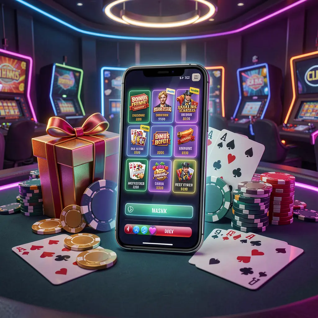 Modern casino website hero scene featuring a smartphone with a glowing interface surrounded by bonus gift box, chips, coins, and playing cards in a premium neon casino style, showcasing KP111's responsible gaming theme